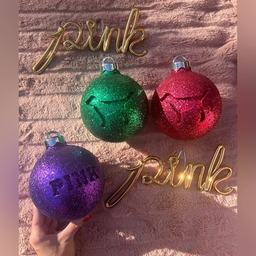 RARE Victoria’s Secret Pink Large Christmas Tree Ornament Balls Set Of 3